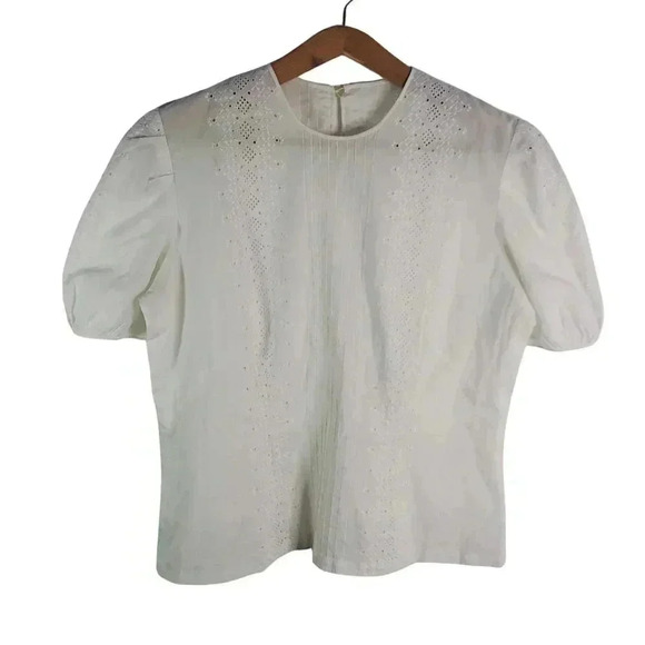 Anthropologie Tops - White Eyelet Crop Top Puff Sleeves Peasant Blouse Women's Size S